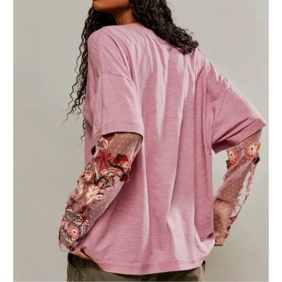 Free People Gardener Layered Look Tee Embellished Lace Sleeves - Picture 2 of 10